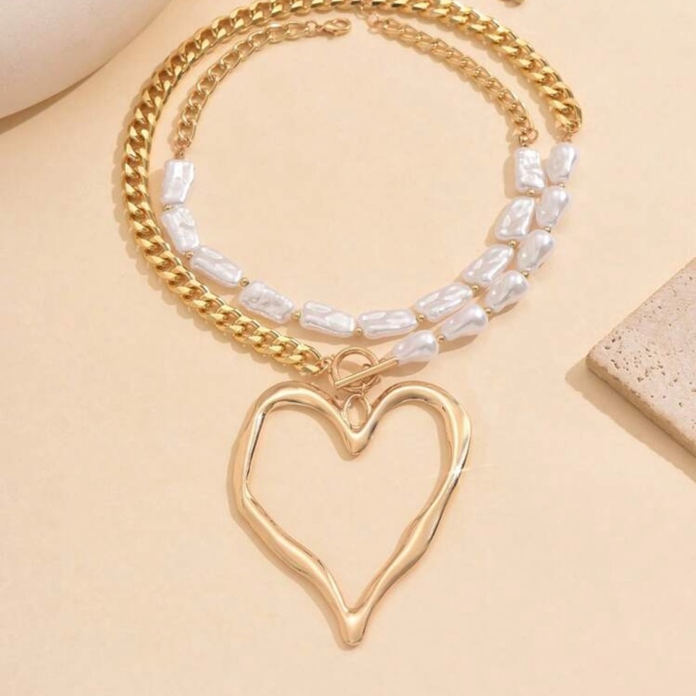 Gold and White Heart Pendant Necklace - Picture 2 of 4